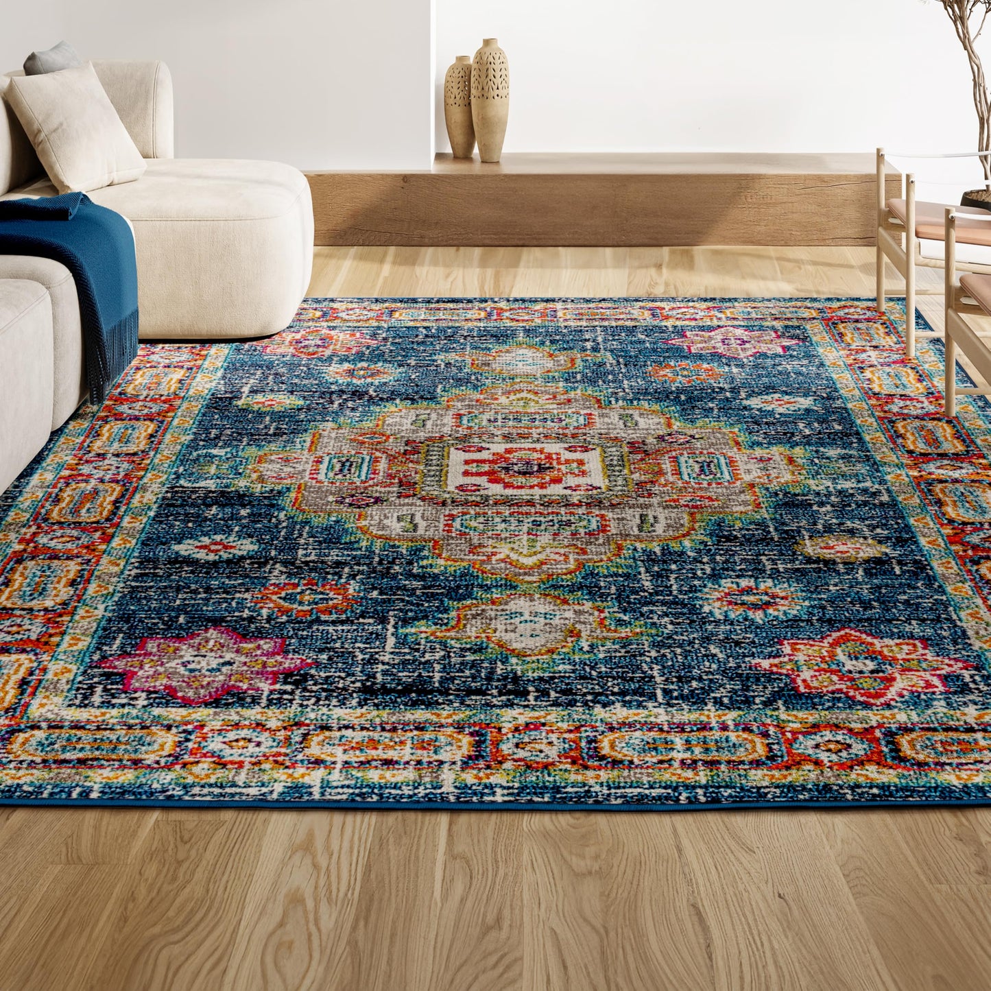JONATHAN Y BMF100B-4 Bohemian Flair Boho Vintage Traditional Medallion Indoor Area-Rug Floral Easy-Cleaning High Traffic Bedroom Kitchen Living Room Non Shedding, 4 ft x 6 ft, Navy/Red