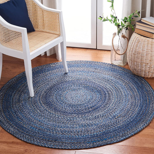 SAFAVIEH Braided Collection 4' Round Navy BRD851N Handmade Country Cottage Reversible Area Rug