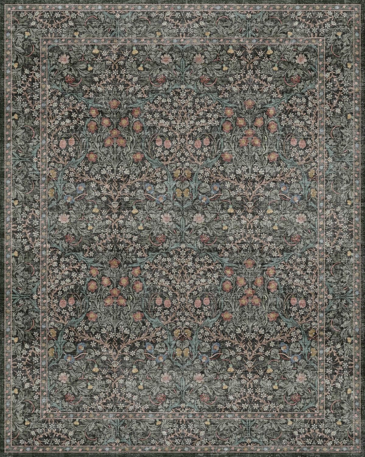 Skiennix Vintage Dark Green Area Rug - Washable 8x10 Stain Resistant Non-Slip Carpet for Living Room & Dining Room