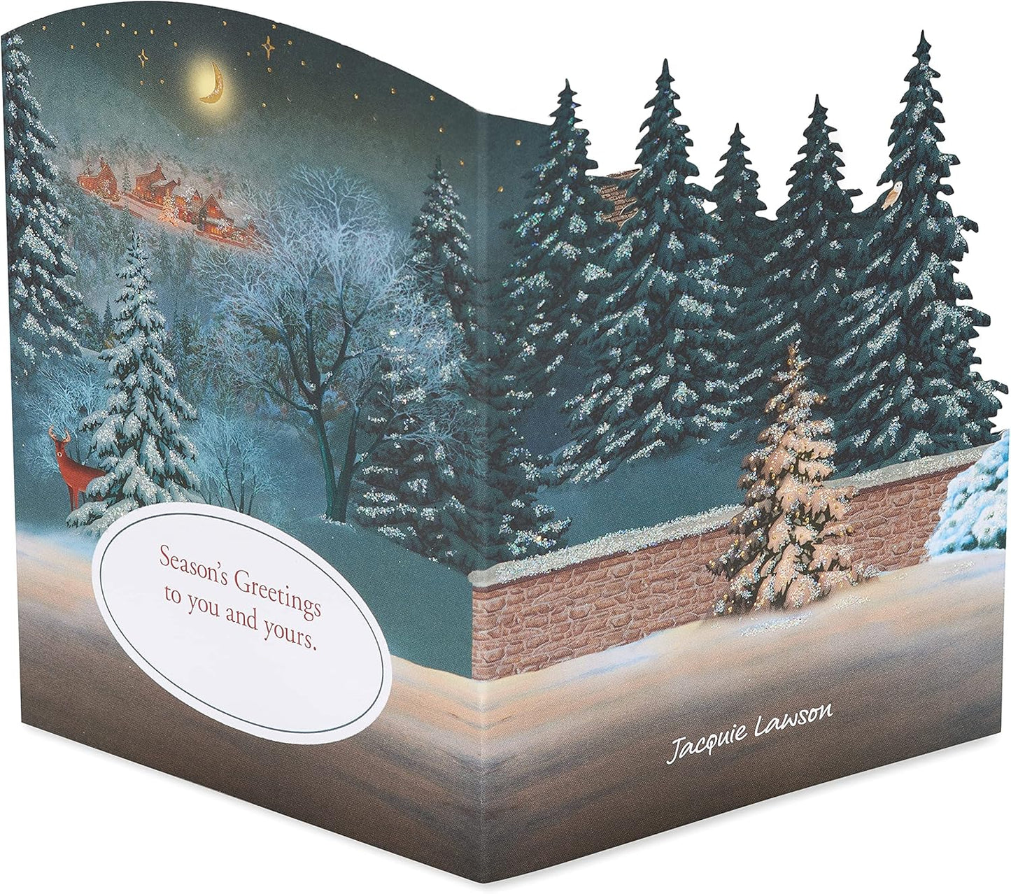 American Greetings 3D Holiday Card - Rustic Cottage Scene in Winter Pine Forest | Designed by Jacquie Lawson
