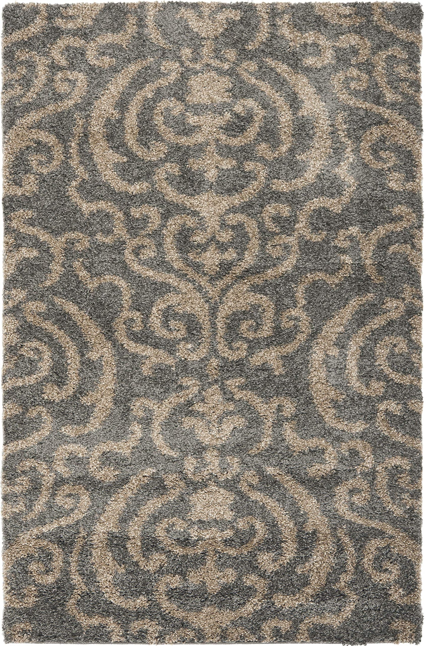SAFAVIEH Florida Shag Collection Accent Rug - 3'3" x 5'3", Grey & Beige, Damask, Non-Shedding & Easy Care, 1.2-inch Thick Ideal for High Traffic Areas in Foyer, Living Room, Bedroom (SG462-8013)