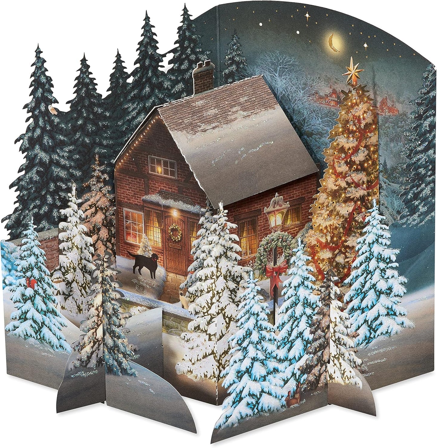 American Greetings 3D Holiday Card - Rustic Cottage Scene in Winter Pine Forest | Designed by Jacquie Lawson