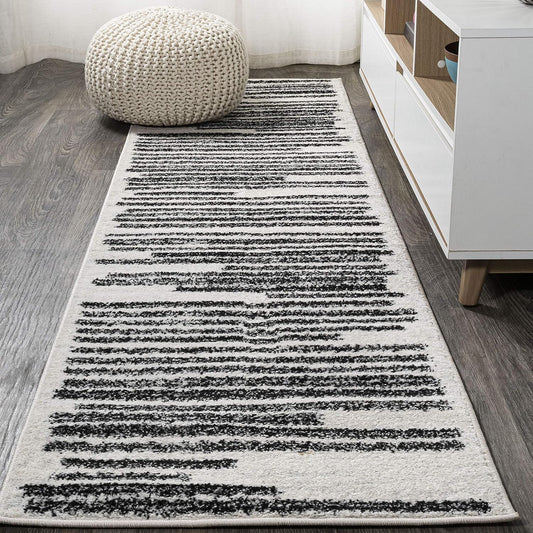 JONATHAN Y Khalil Modern Berber Stripe Cream/Black Runner Rug, 2x10, Contemporary, Bohemian, Easy-Cleaning for Living Room, Bedroom, Kitchen, Pet Friendly, Non-Shedding (MOH207A-210)