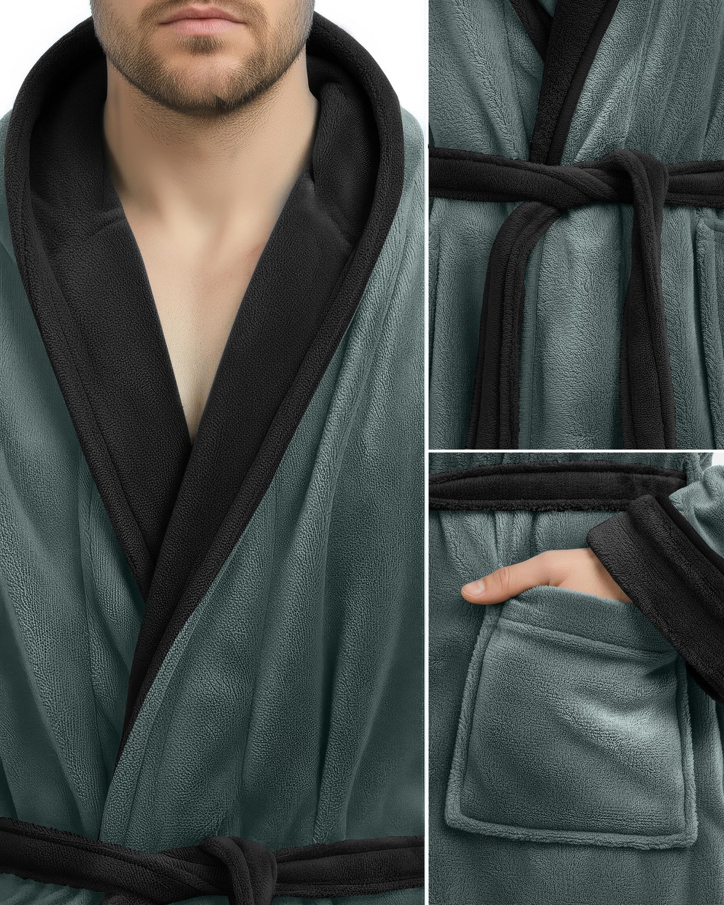 NY Threads Mens Robe with Hood, Luxury Plush Fleece Hooded Mens Bathrobe, Spa Bath Robe for Men, Small/Medium, Steel Grey and Black