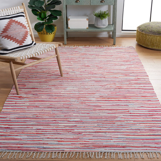 SAFAVIEH Rag Rug Collection Area Rug - 5' x 8', Red & Multi, Handmade Boho Stripe Cotton, Ideal for High Traffic Areas in Living Room, Bedroom (RAR129R)