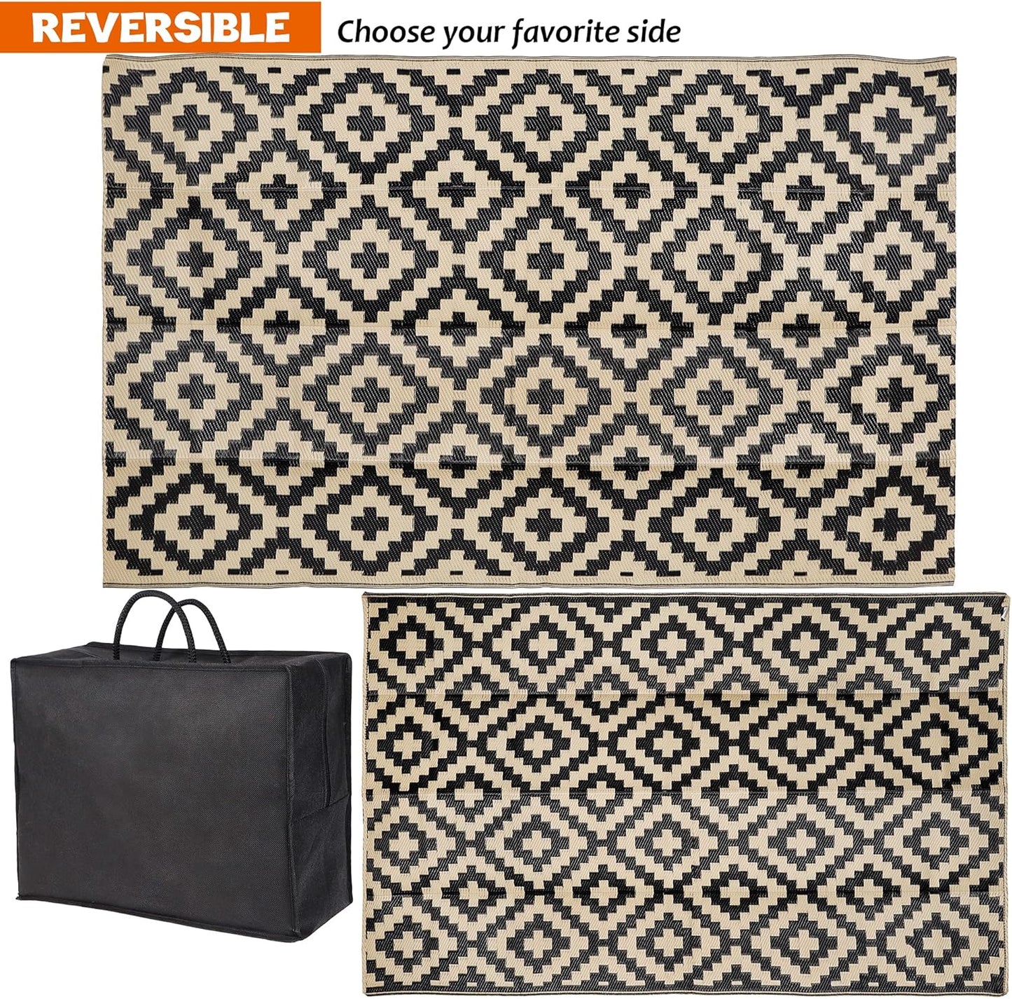 SAND MINE Waterproof Outdoor Rug - Reversible 5x8 ft Area Rug for Patio, Deck, Beach & Camping - Black & Beige