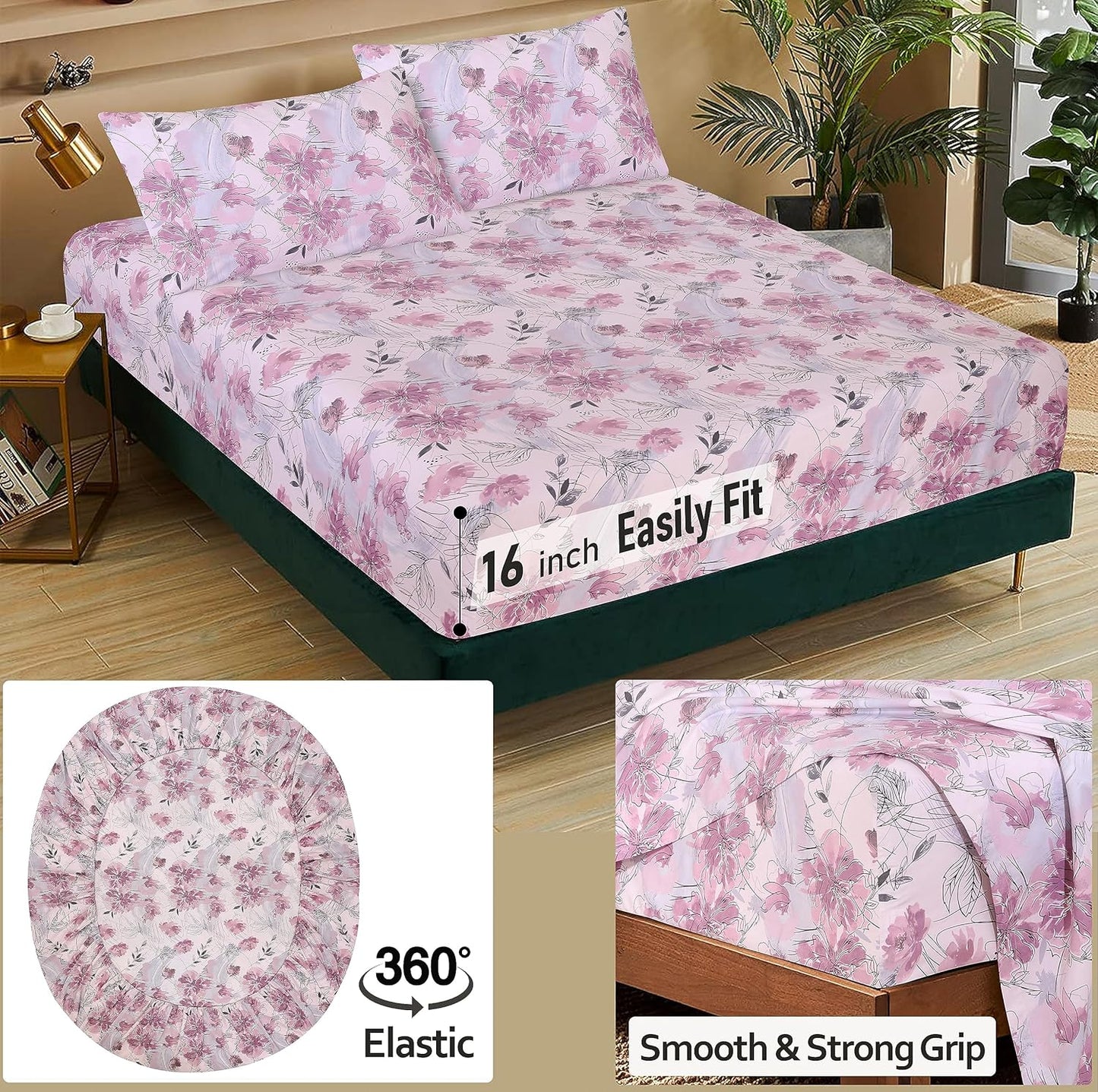 Ruvanti 100% Cotton Full Size Bed Sheet Set - Soft Lilac Floral Print | 4-Piece Cooling Bedding with Deep Pockets