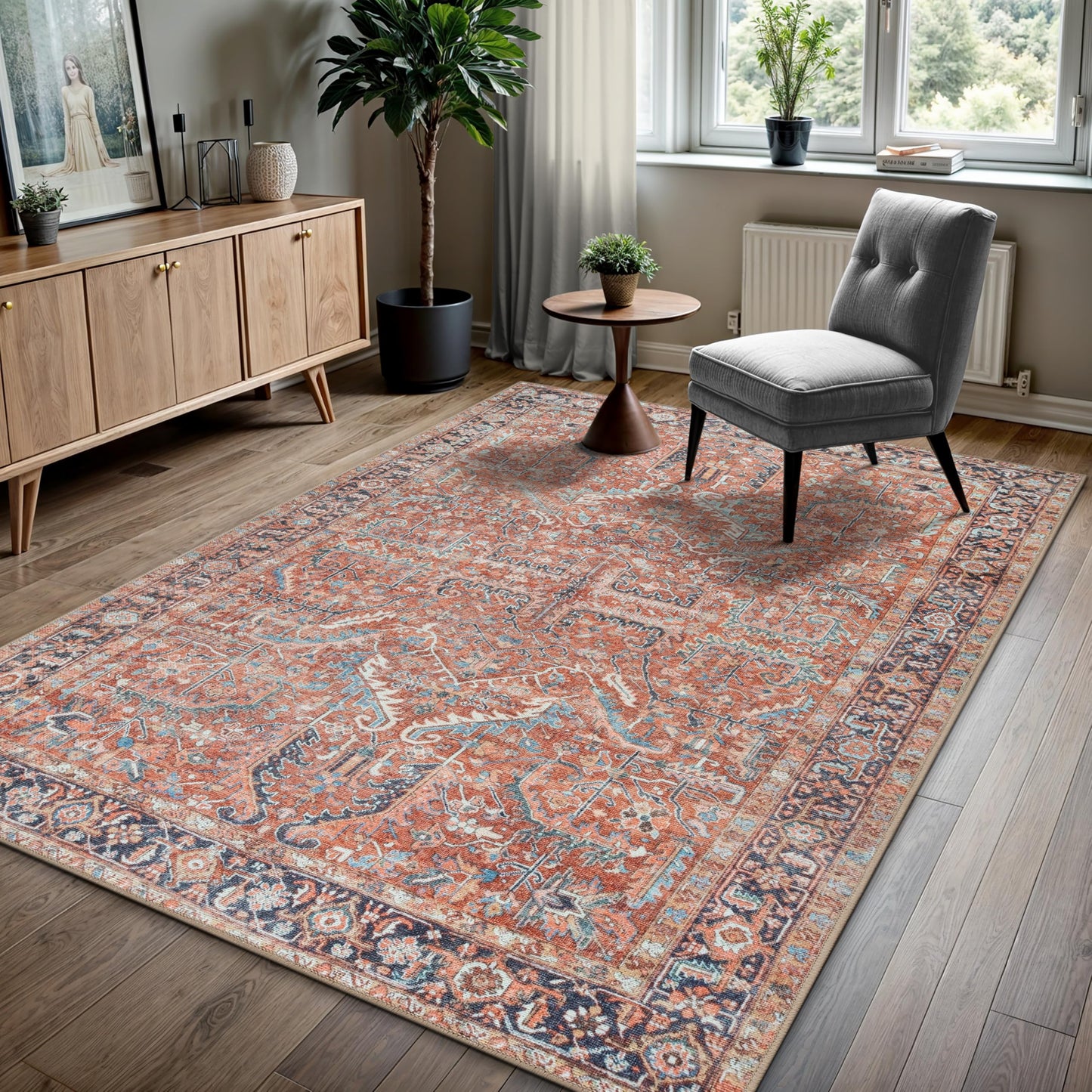 GLN Traditional Collection - Machine Washable Area Rug, Non Slip, Low Pile Chenille Living Room, Bedroom & Kitchen Rug (3'x5' Terra Cotta)