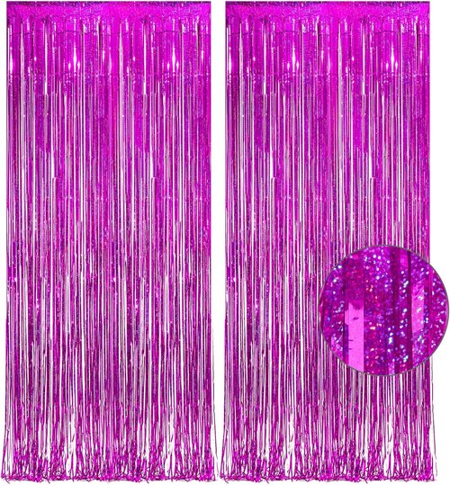 GREATRIL Magenta Tinsel Curtain Backdrop - Foil Fringe Streamers for Bachelorette & Bridal Showers | 2 PCS