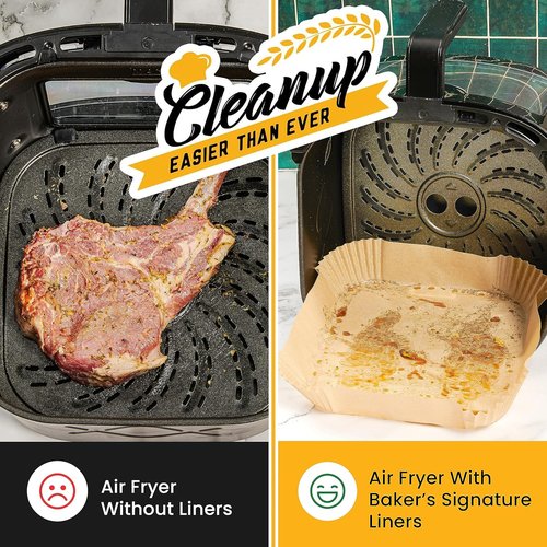 Baker's Signature Air Fryer Liners - 250 Pcs Non-Stick & Oil Proof for Easy Cleanup | 8” Square for 5-8 Qt Baskets