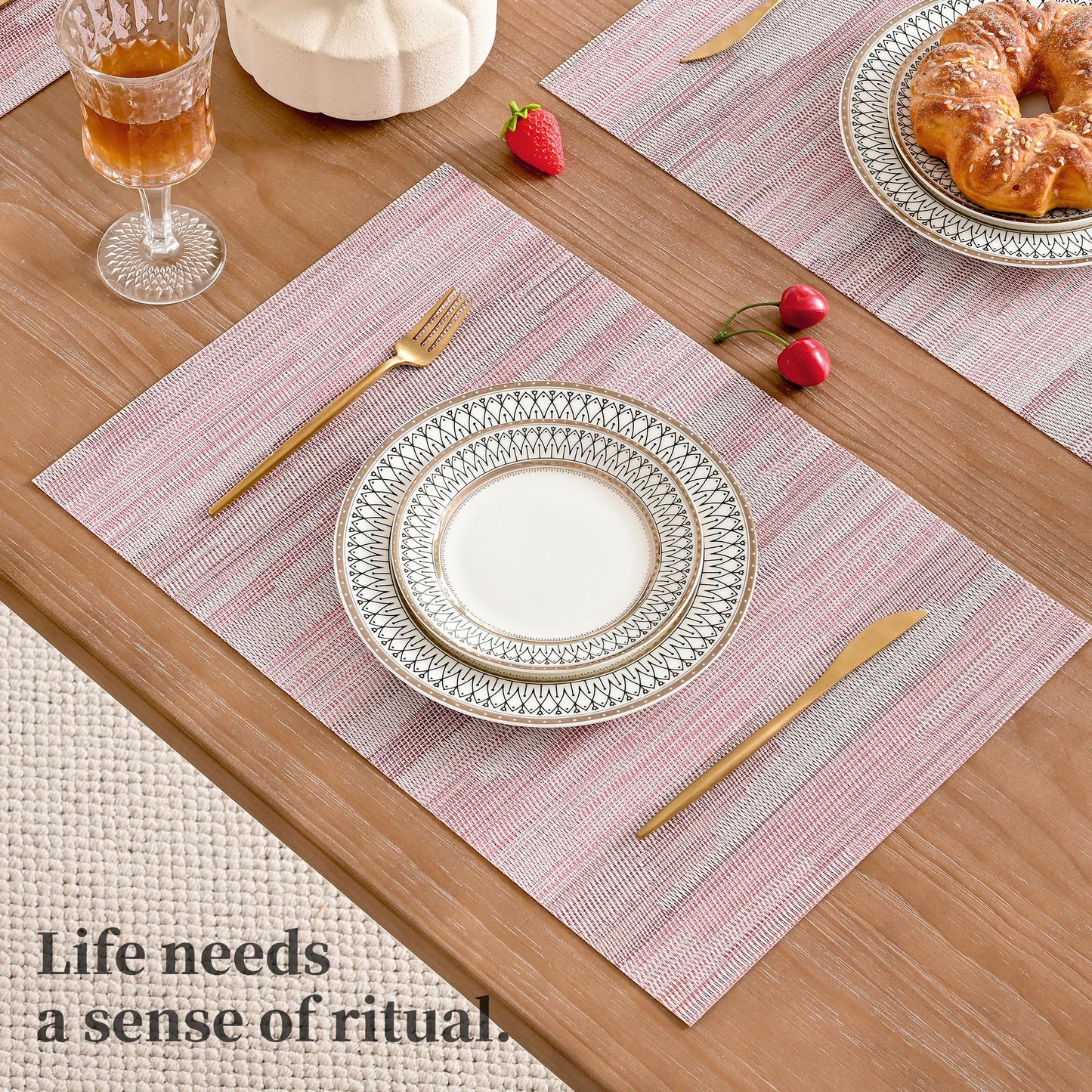 Leetaltree Misty Rose Placemats Set of 6 - Heat Resistant Non-Slip Place mats for Dining Table, Washable Durable PVC Vinyl Woven Table Mats（Misty Rose, 6）