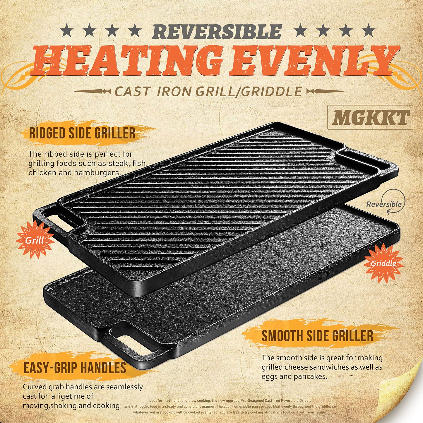 1-Piece 16.50 Inch Cast Iron Griddle Plate | Reversible Pre-Seasoned Cast Iron Grill Pan for Gas Stovetop | Double Sided Used on Open Fire & in Oven | Pre-Coated With Oil
