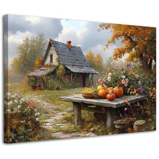 Farmhouse Country Autumn Landscape Wall Art Fall Pumpkin Picture Canvas Prints Colorful Wildflower Wall Decor, Watercolor Harvest Holiday Poster Painting Artwork for Living Room Home Decoration 24x36”