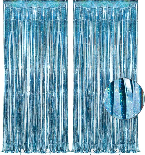 GREATRIL Blue Tinsel Curtain Backdrop - Foil Streamers for Frozen, Mermaid & Under Sea Parties - Set of 2