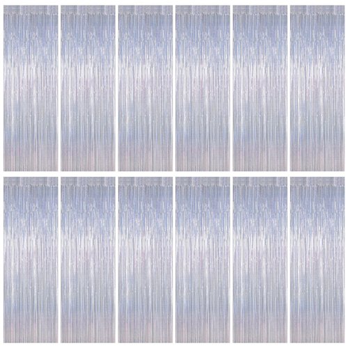 12 Pack Fringe Backdrop, 3.28 FT x 7.08 FT Glitter Silver Tinsel Curtain, Metallic Foil Curtains Party Streamer Disco Backdrop, Silver Party Decorations for New Year Birthday Holiday