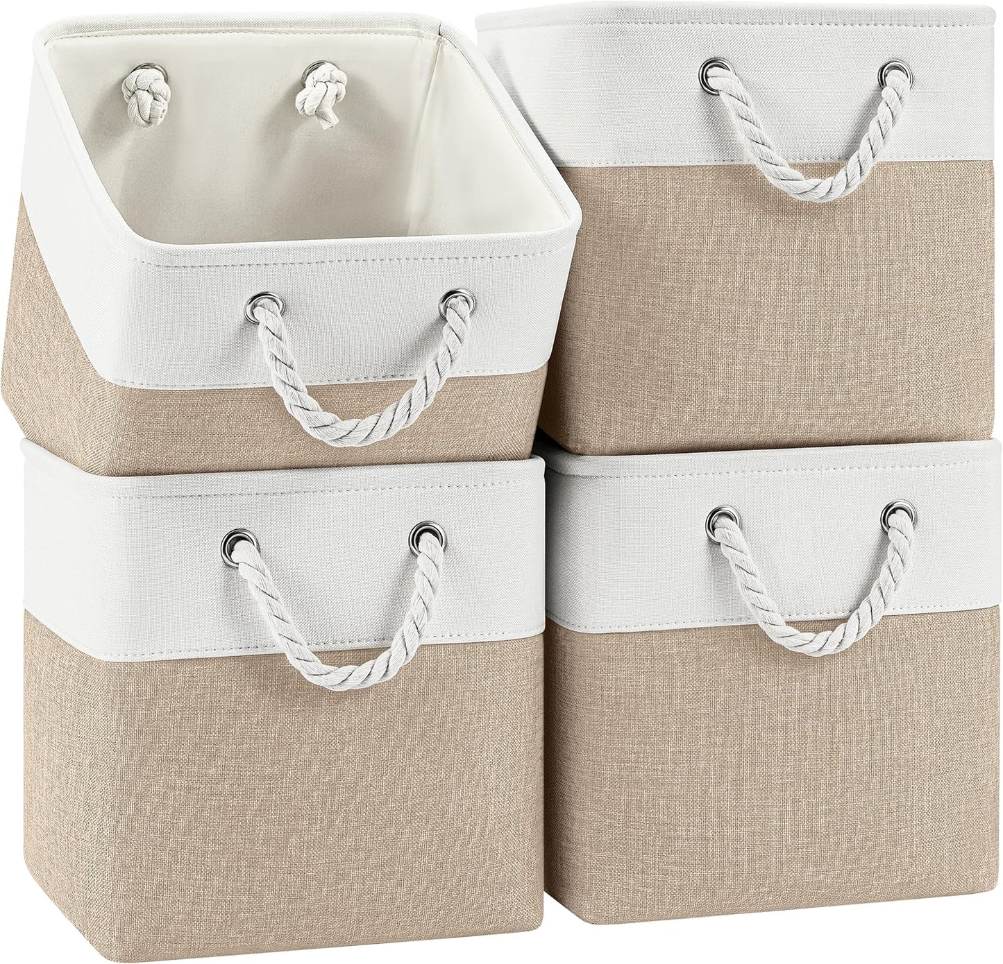 Patvingot 11-Inch Cube Storage Bins - 4 Pack Fabric Organizer Baskets with Rope Handles | White & Khaki