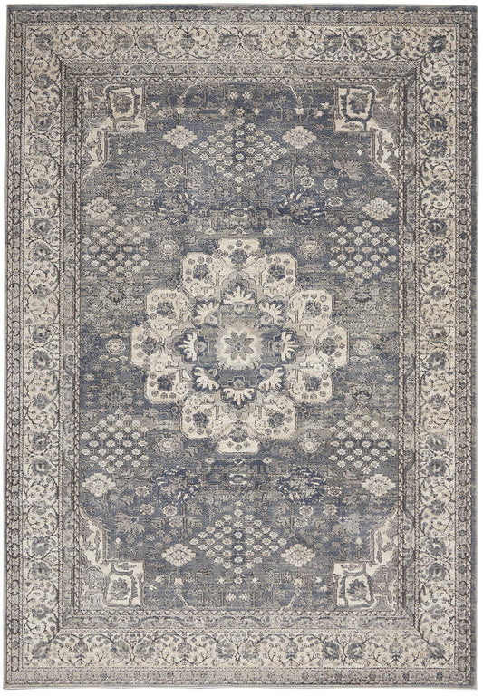 Nourison Concerto Traditional Grey/Ivory 5'3" x Round Area Rug, Easy Cleaning, Non Shedding, Bed Room, Living Room, Dining Room, Kitchen (5 Round)