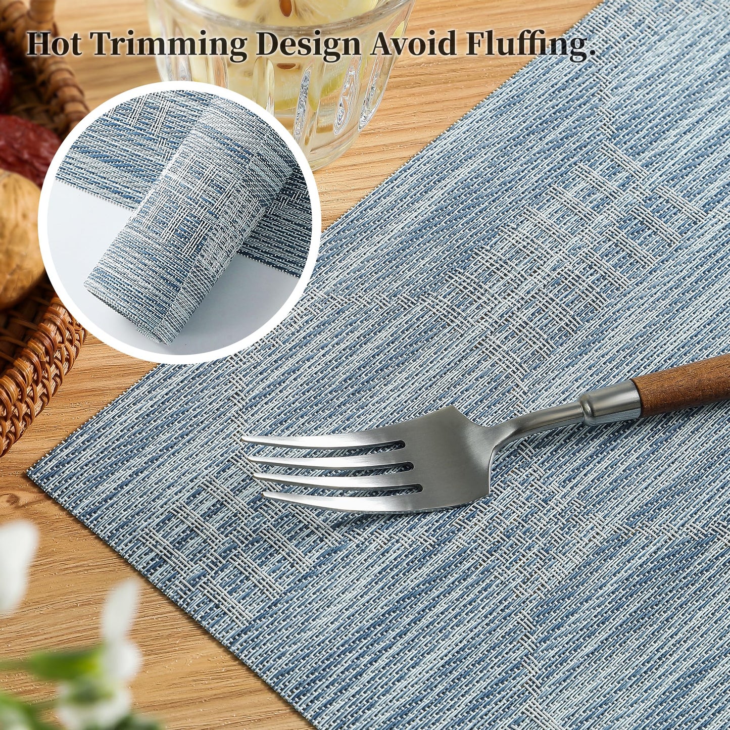 Leetaltree Jacquard Blue Placemats Set of 12 - Heat Resistant Non-Slip Place mats for Dining Table, Washable Durable PVC Vinyl Woven Table Mats（Jacquard Blue, 12）