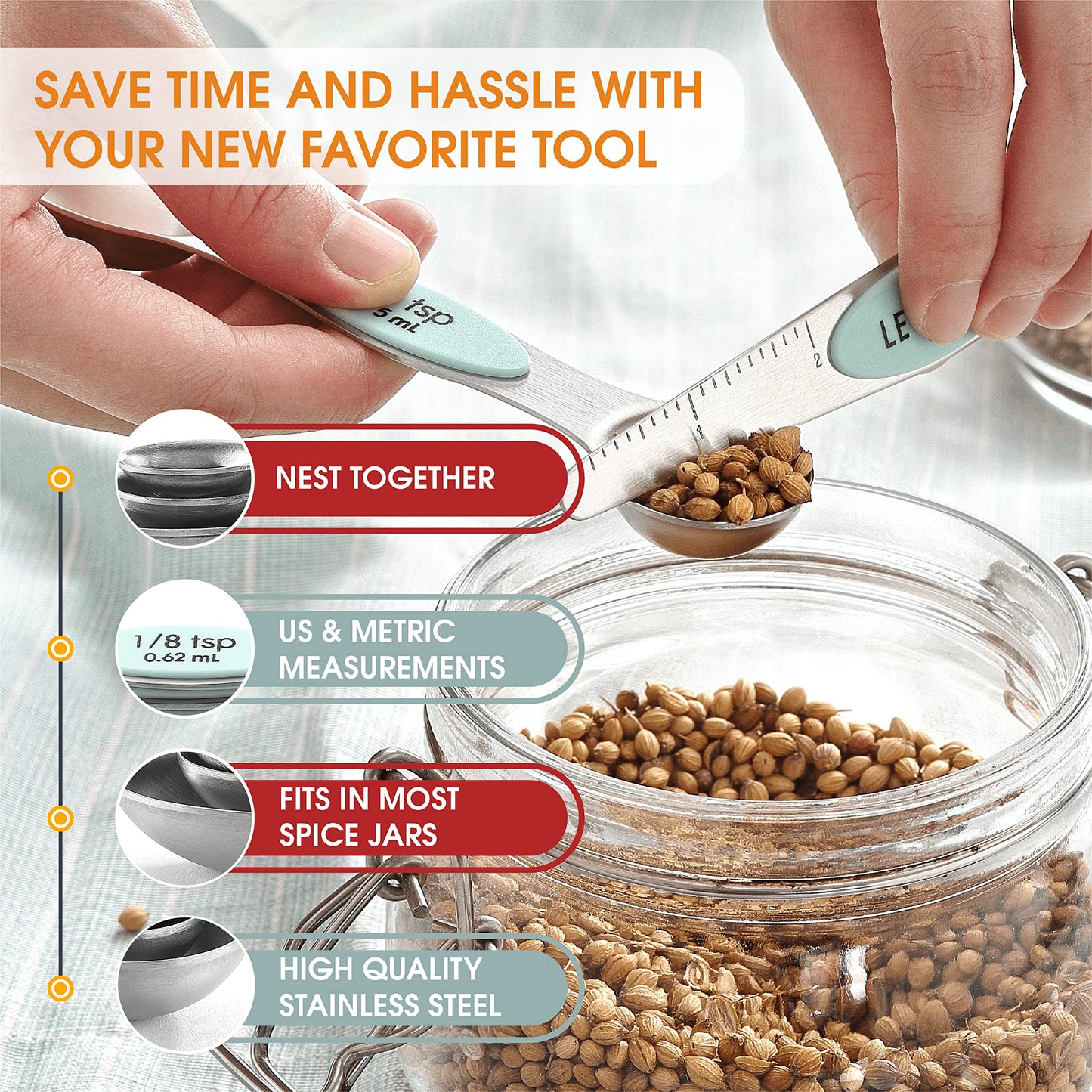 Spring Chef Stainless Steel Magnetic Measuring Spoons Set of 8 with Leveler, Nesting Metal Teaspoon & Tablespoon Measuring Spoons, Kitchen Gadgets for Baking & Cooking, Fits in Spice Jars - Mint