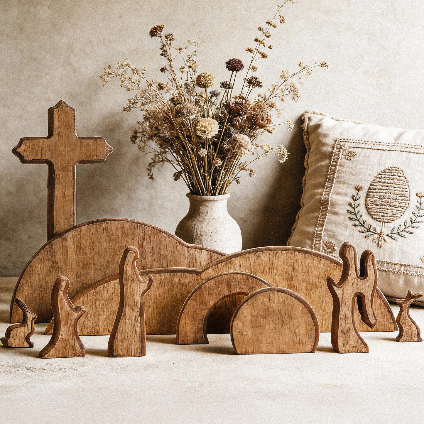 TW SHINE Empty Tomb Easter Scene and Cross Decoration, Wooden Christian Resurrection Scene Tray Set, Jesus Tomb Easter Decoration for Home Office Tabletop Religious Christian Gifts