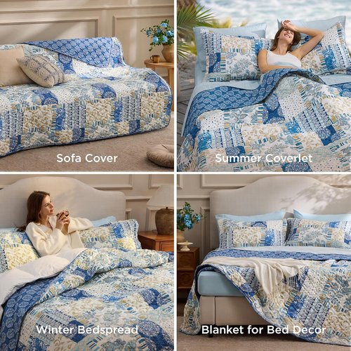 Bedsure Patchwork Quilts - Reversible Blue Floral Queen Comforter | Lightweight Boho Bedding (90"x96")
