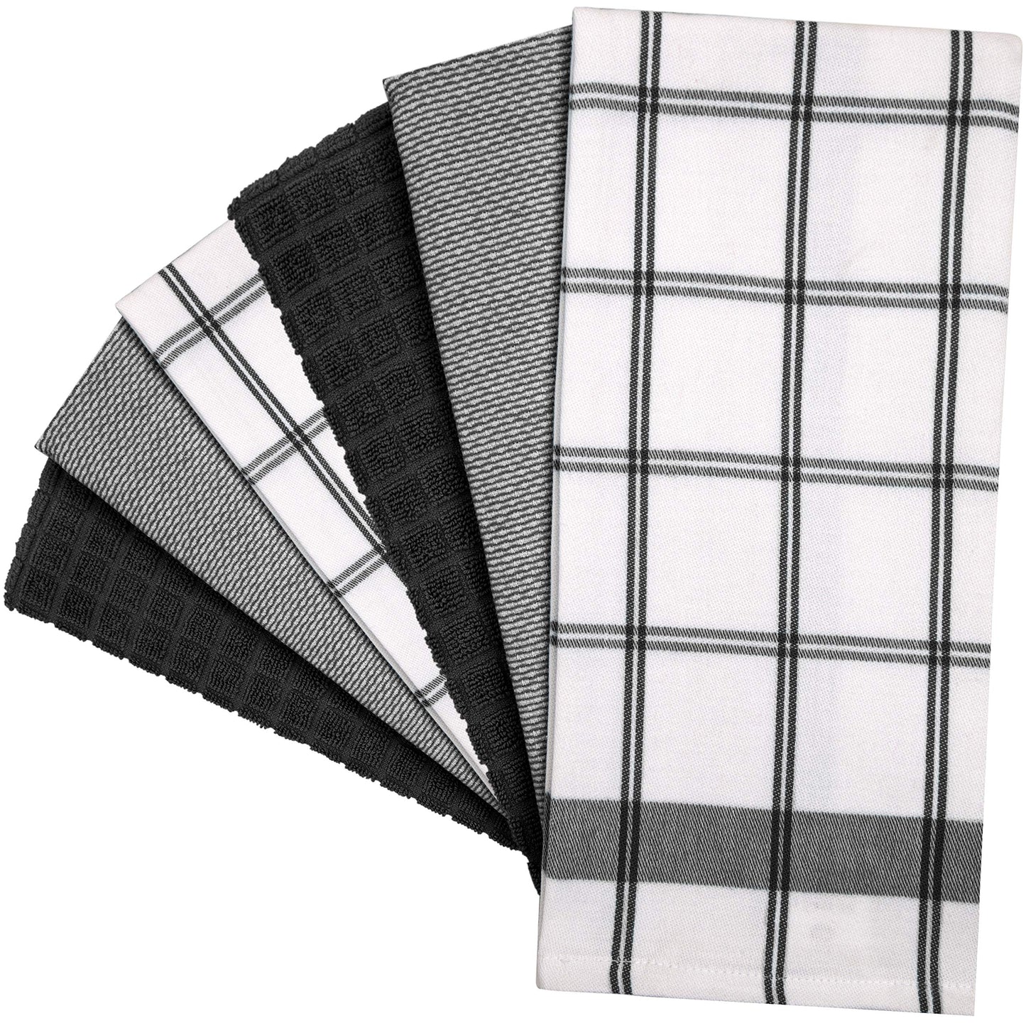 Premium Kitchen Towels (20”x 28”, 6 Pack) | Large Cotton Dish Towels | Flat & Terry Highly Absorbent Kitchen Linen Set with Hanging Loop | Black Check