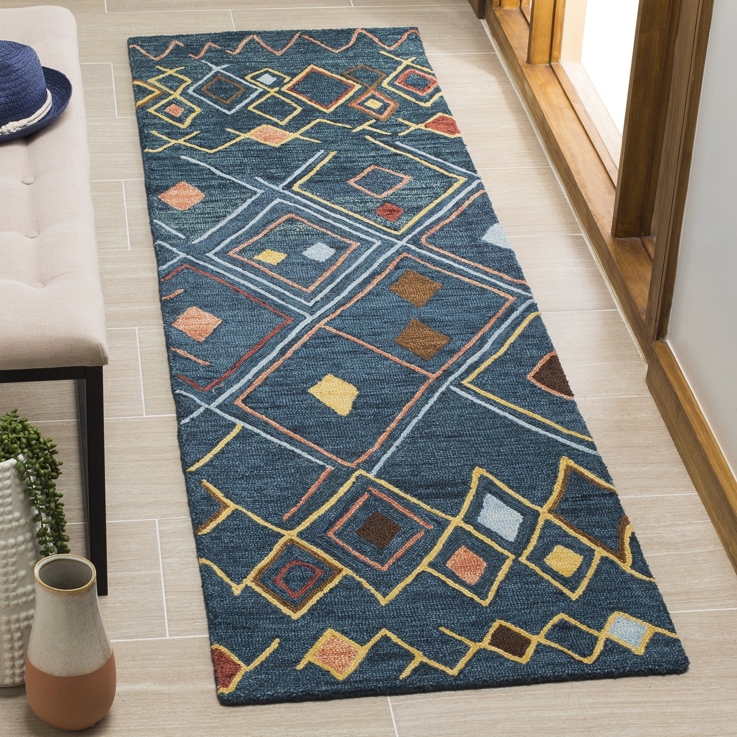 SAFAVIEH Suzani Collection 2'3" x 8' Dark Blue/Multi SZN314A Hand-Hooked Moroccan Boho Premium Wool Runner Rug