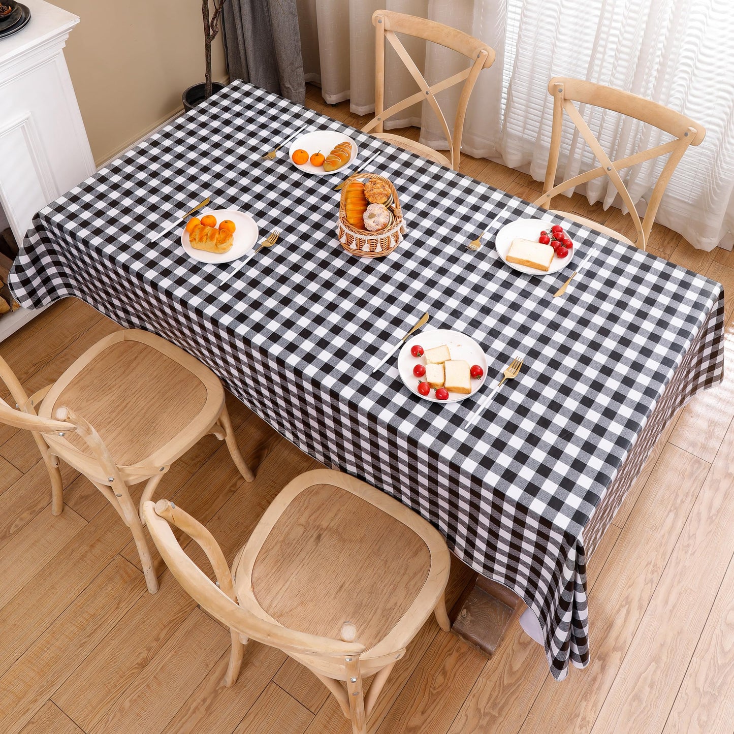 Heavy Duty Vinyl Tablecloth with Flannel Backing Waterproof Oil-Proof Plastic Table Cloth Stain-Resistant Wipeable Rectangle or Square Table Cover for Indoor and Outdoor (Black Checkered, 60x102 Inch)