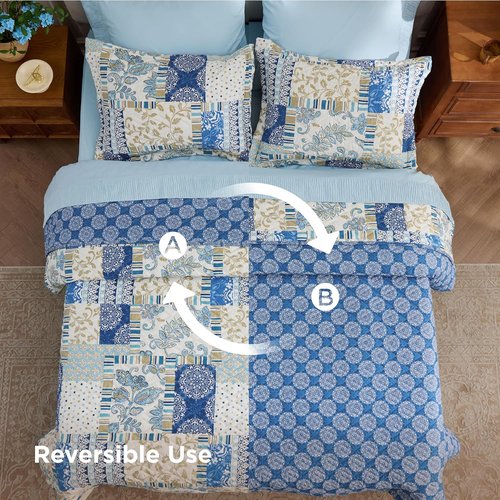 Bedsure Patchwork Quilts - Reversible Blue Floral Queen Comforter | Lightweight Boho Bedding (90"x96")