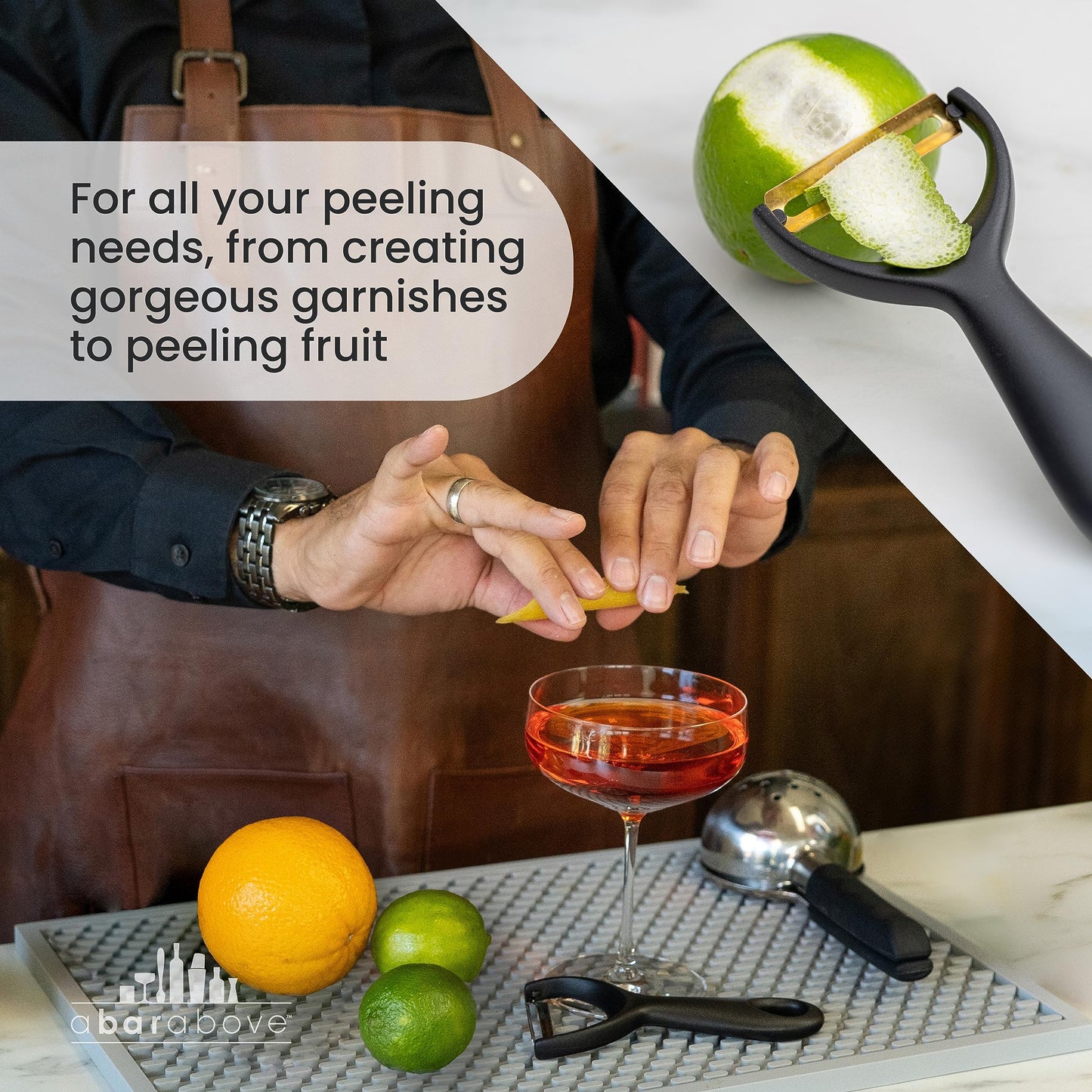 A Bar Above Gold Citrus Peeler, Stainless Steel Fruit Peeler for Garnishes, Cocktail Twists, Comfortable Grip Peeling Tool for Oranges, Lemons, Limes, Bartender Accessory, Kitchen Essentials, Silver