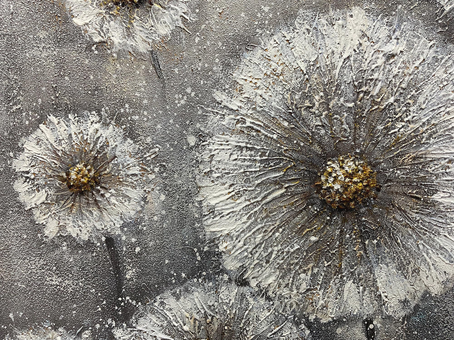 Boieesen Art,24x36Inch 100% Hand Painted Minimalist Dandelion Oil Painting White Wildflowers Wall Art Grey and Gold Floral Canvas Paintings Neutral Landscapel Artwork Oil Hand Painting for Living Room