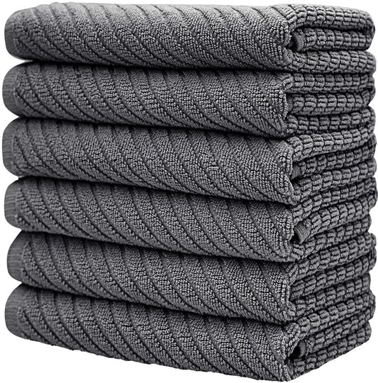 Premium Kitchen Towels (16”x 25”, 6 Pack) | Large Cotton Kitchen Hand Towels | Dish Towels | Diagonal Weave Design | 445 GSM Highly Absorbent Tea Towels Set with Hanging Loop | Grey