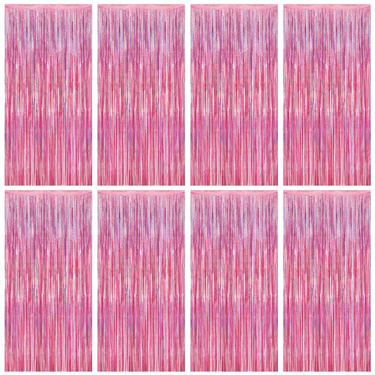 8 Pack Pink Backdrop, 3.28 FT x 7.05 FT Fringe Curtains, Metallic Glitter Pink Fringe Party Streamer Foil Curtains Tinsel Backdrop, Pink Decorations Bachelorette Valentines Day Party Supplies