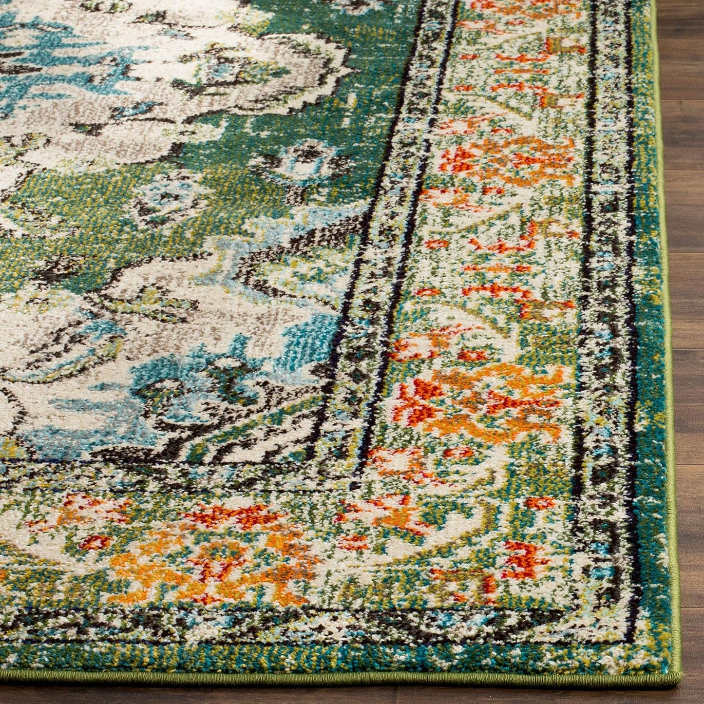 SAFAVIEH Monaco Collection Area Rug - 8' x 10', Forest Green & Light Blue, Non-Shedding, Easy to Clean | Distressed Medallion Design for Living Room & Bedroom