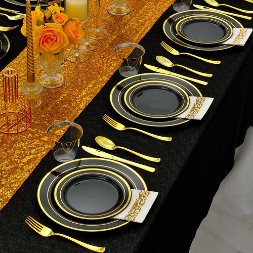 ISFANGCO 350pcs Black and Gold Dinnerware Set for 50 Guests, Graduation Plates, Black Plastic Plates with Gold Rim for Party -50 Dinne/Dessert Plates, 150 Silverware Set,50 Napkins and Cups