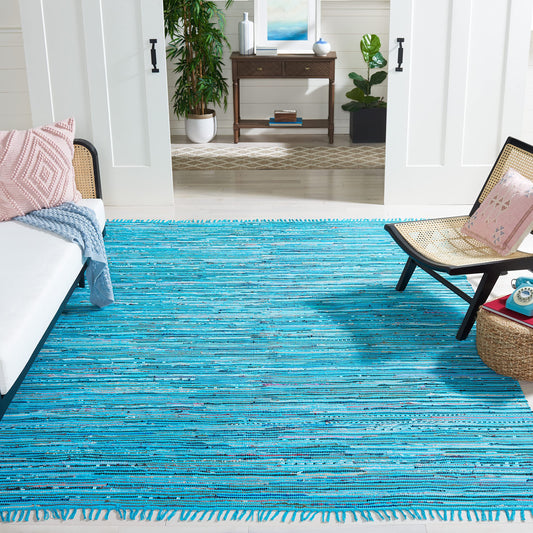 SAFAVIEH Rag Rug Collection 6' Square Turquoise / Multi RAR125C Handmade Boho Stripe Cotton Area Rug