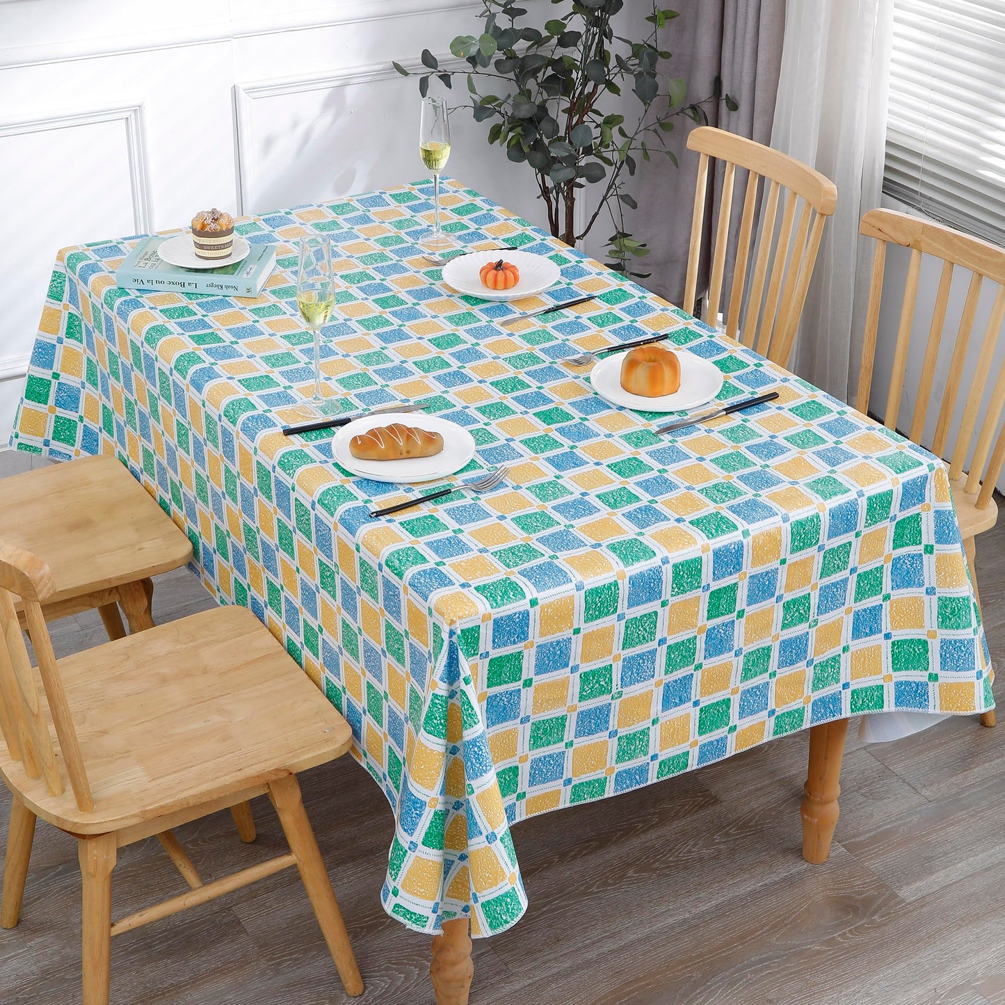 Walrus Heavy Duty Vinyl Tablecloth with Flannel Backing Waterproof Oil-Proof Plastic Table Cloth Stain-Resistant Wipeable Table Cover for Indoor and Outdoor (Stained Glass Checkered,54x54 Inch)