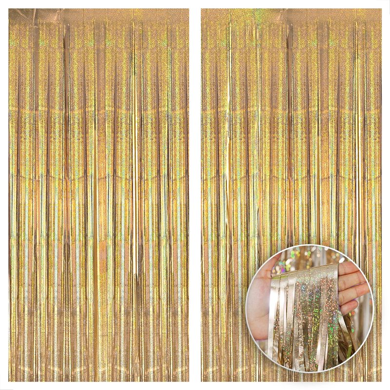 KatchOn, Champagne Gold Fringe Curtain Backdrop - Large, 3.2x8 Feet, Pack of 2 | Champagne Gold Foil Fringe Curtain Backdrop | Golden Birthday Party Decoration | New Years Decoration Backdrop