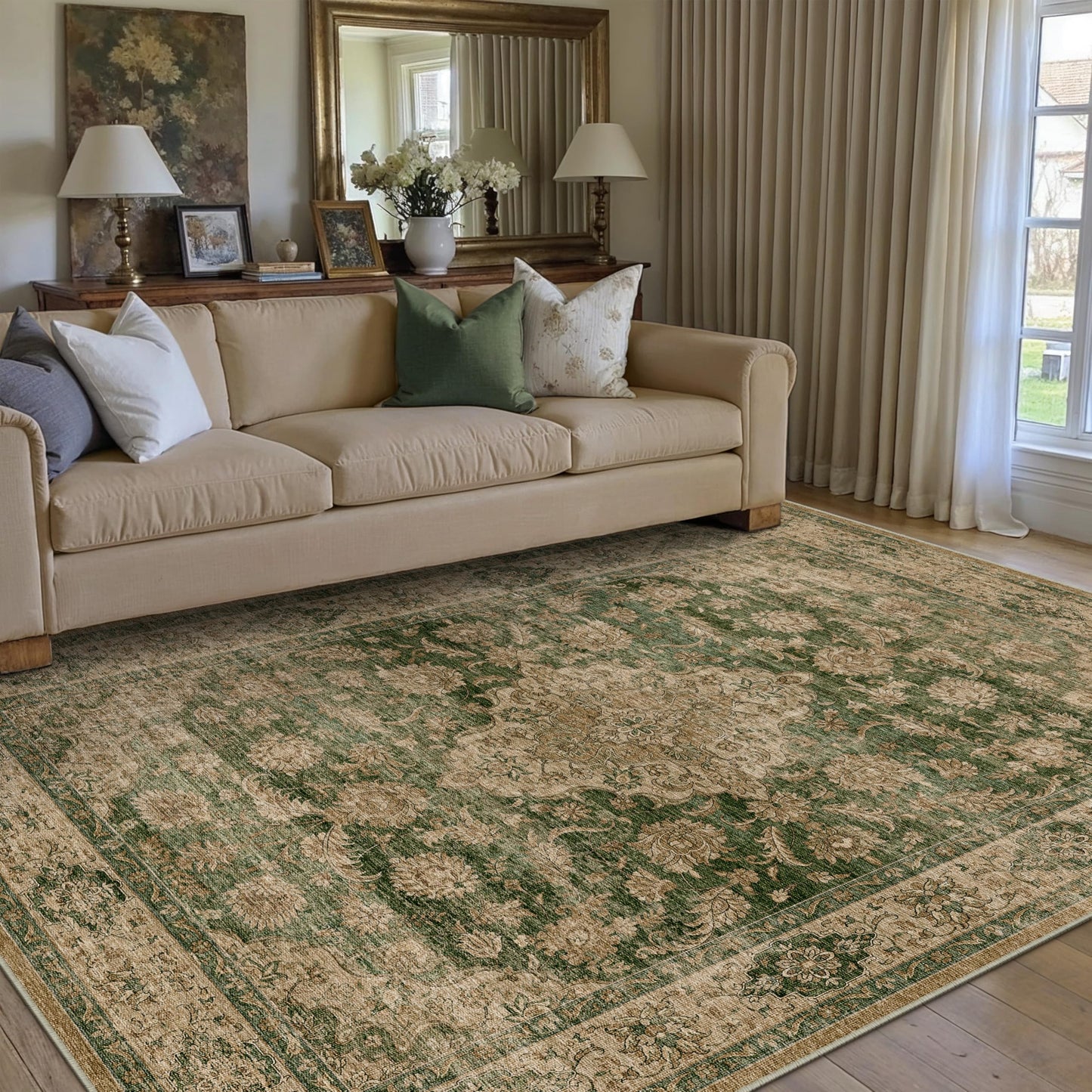 HUGEAR Retro Green Area Rug 5x7 Machine Washable Living Room Rugs Distressed Vintage Floral Low Pile Carpet Bedroom Office Dining Room Laundry Room Non Slip Soft Lightweight