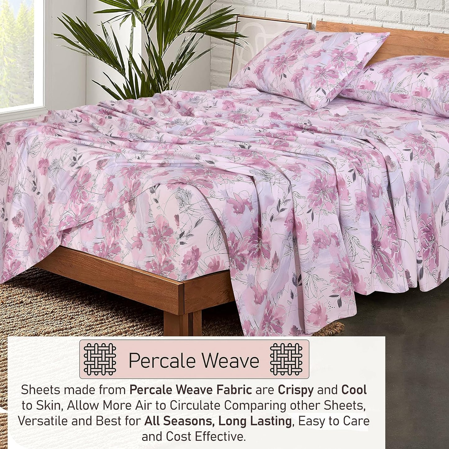 Ruvanti 100% Cotton Full Size Bed Sheet Set - Soft Lilac Floral Print | 4-Piece Cooling Bedding with Deep Pockets