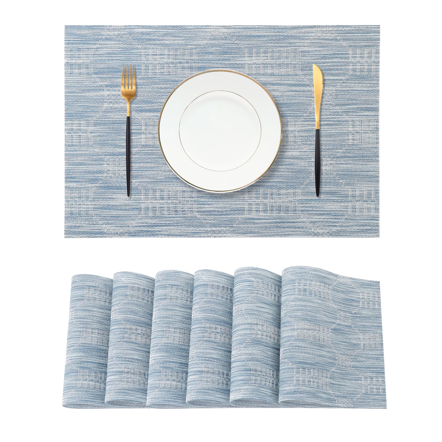 Leetaltree Alice Blue Placemats Set of 6 - Heat Resistant Non-Slip Place mats for Dining Table, Washable Durable PVC Vinyl Woven Table Mats（Jacquard Blue, 6）
