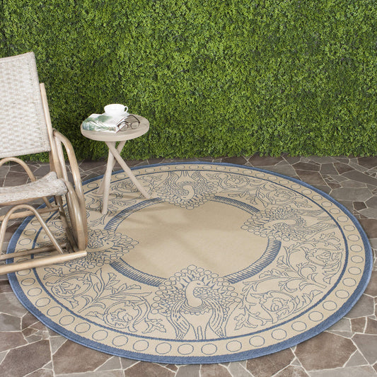 SAFAVIEH Courtyard Collection 5'3" Round Natural / Blue CY2965 Indoor/ Outdoor--Waterproof Easy--Cleaning Patio Backyard Mudroom Area--Rug