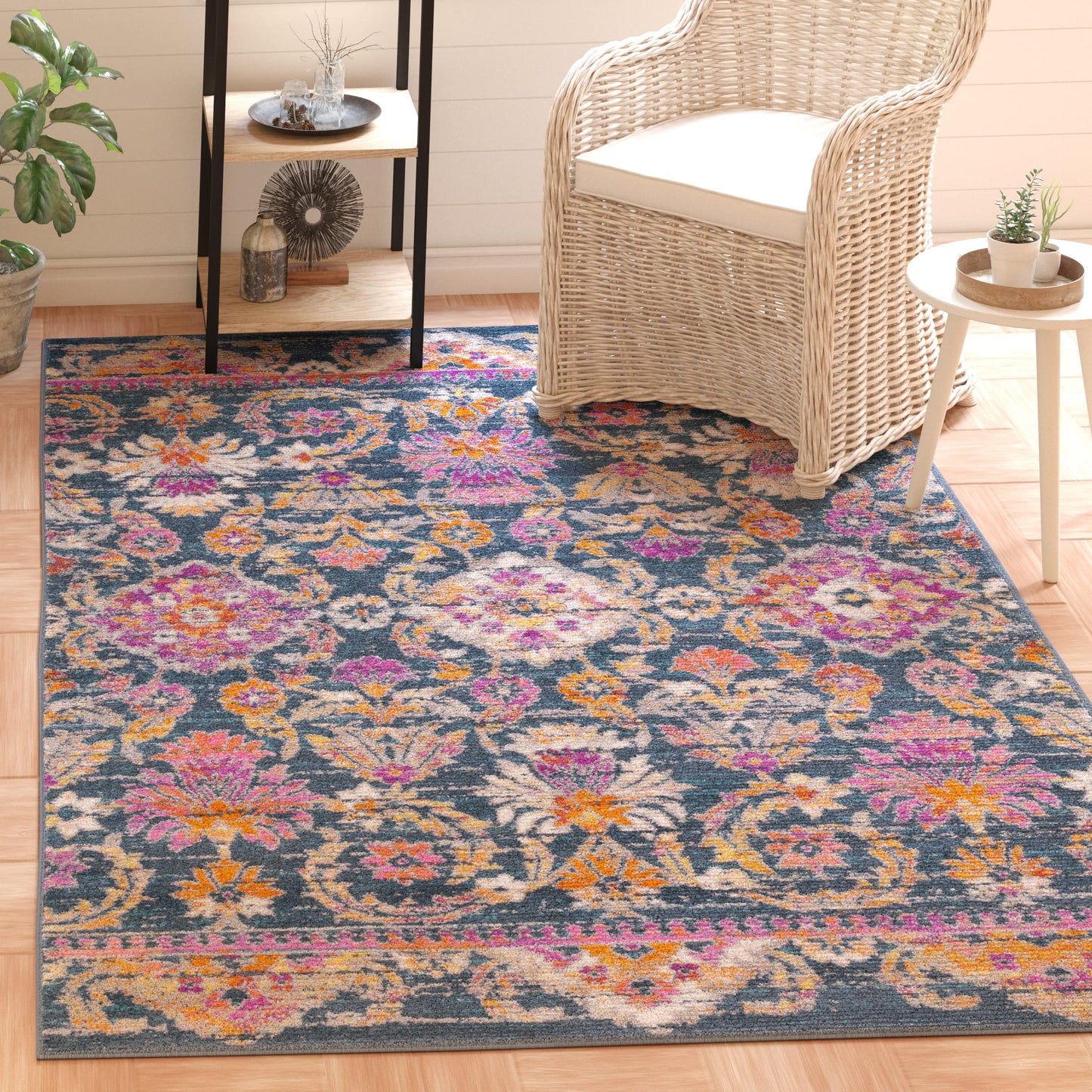SAFAVIEH Madison Collection Accent Rug - 4' x 6', Blue & Fuchsia, Boho Chic Floral Design, Non-Shedding & Easy Care, Ideal for High Traffic Areas in Entryway, Living Room, Bedroom (MAD130C)
