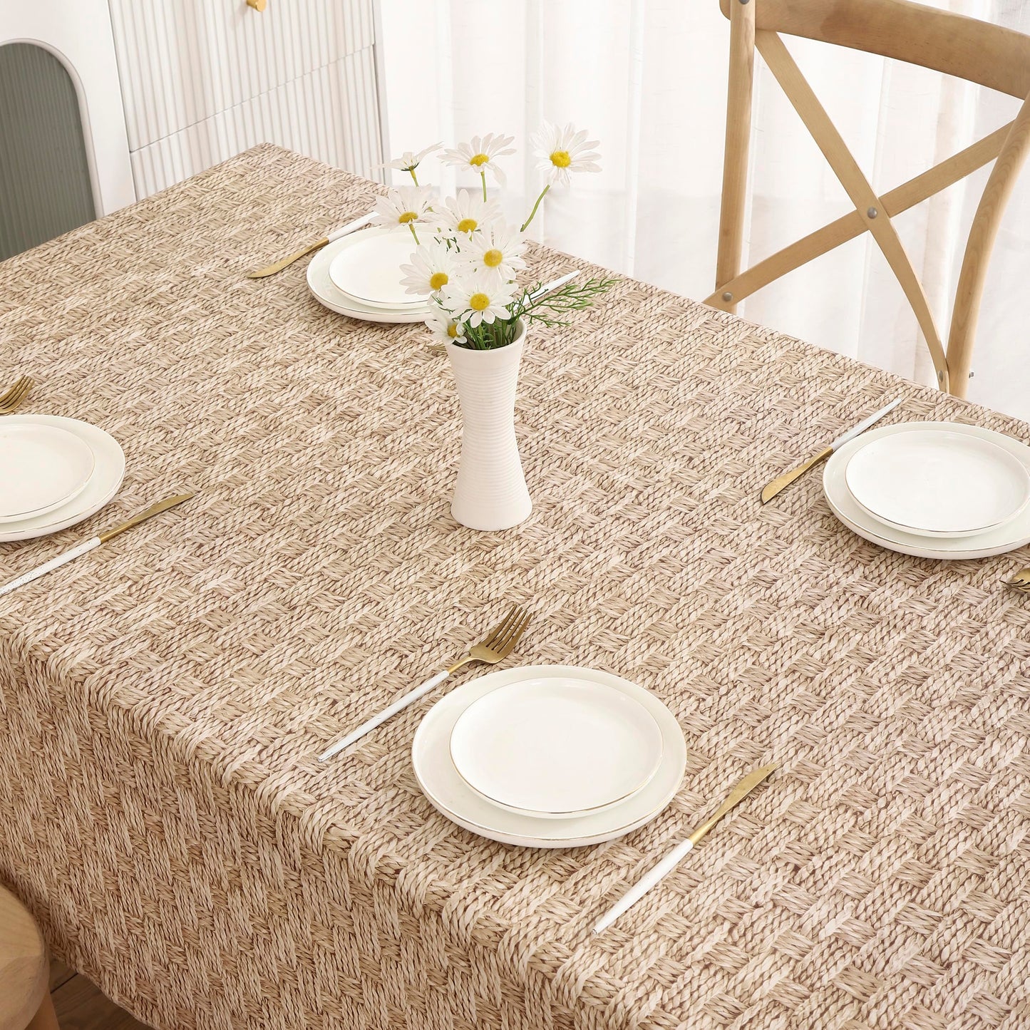 HRNJJYP Heavy Duty Vinyl Tablecloth with Flannel Backing Waterproof Oil-Proof Plastic Table Cloth Stain-Resistant Wipeable Rectangle or Square Table Cover for Dining, Camping (Weaving, 52X70 Inch)