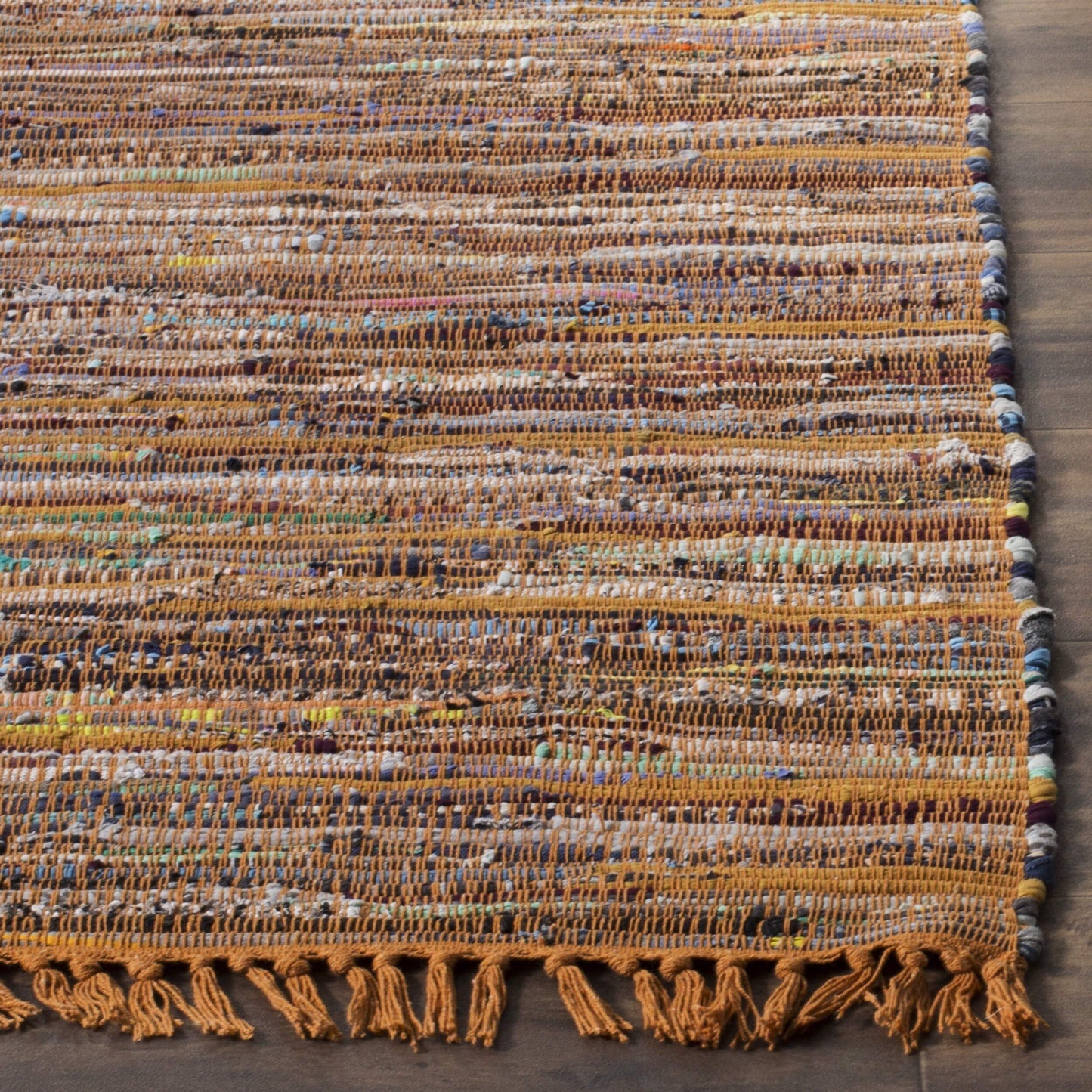 SAFAVIEH Rag Rug Collection 6' Square Gold / Multi RAR127N Handmade Boho Stripe Cotton Area Rug