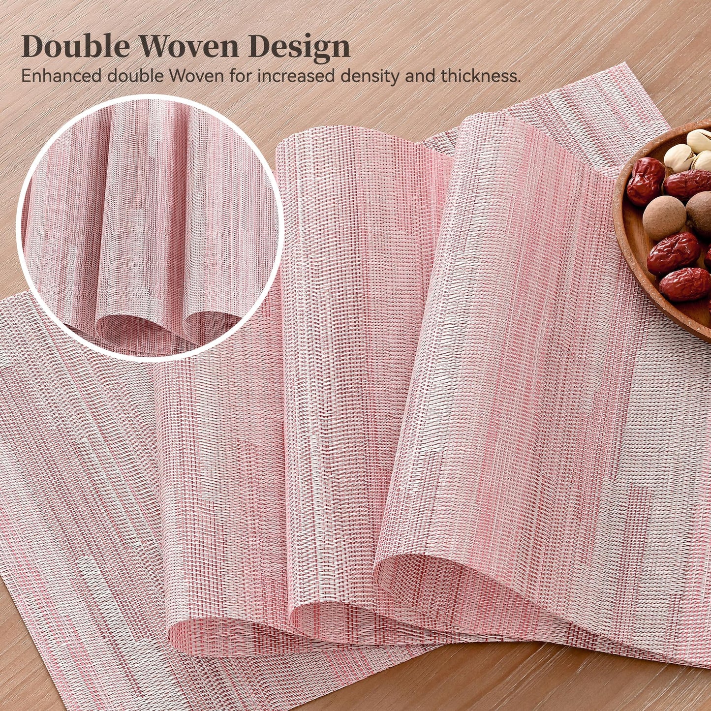 Leetaltree Misty Rose Placemats Set of 8 - Heat Resistant Non-Slip Place mats for Dining Table, Washable Durable PVC Vinyl Woven Table Mats（Misty Rose, 8）