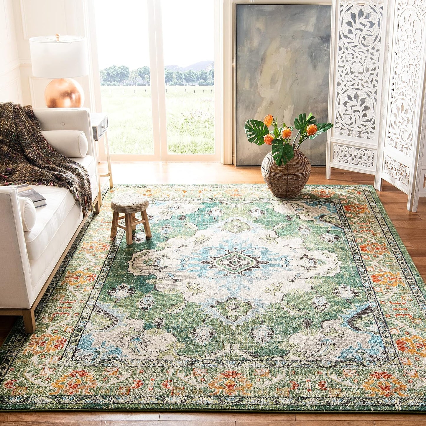 SAFAVIEH Monaco Collection Area Rug - 8' x 10', Forest Green & Light Blue, Non-Shedding, Easy to Clean | Distressed Medallion Design for Living Room & Bedroom