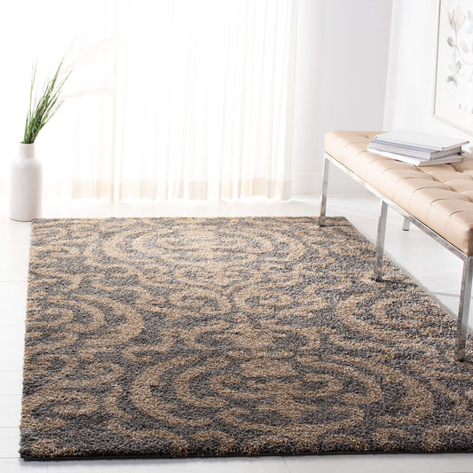 SAFAVIEH Florida Shag Collection Accent Rug - 3'3" x 5'3", Grey & Beige, Damask, Non-Shedding & Easy Care, 1.2-inch Thick Ideal for High Traffic Areas in Foyer, Living Room, Bedroom (SG462-8013)