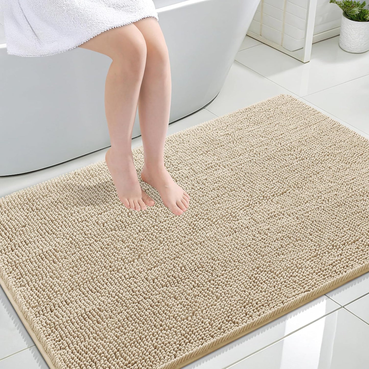 OLANLY Large Bathroom Rugs - Extra Soft Chenille Bath Mats | Quick Dry, Machine Washable, Beige 44x32