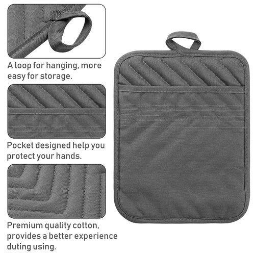 GROBRO7 5Pack Pocket Pot Holders Cotton Heat Resistant Potholder Multipurpose Hot Pads Machine Washable Oven Mitts Cooking Pads Bulk for Daily Kitchen Baking and Cooking 8.9 x 6.9 Inch Grey